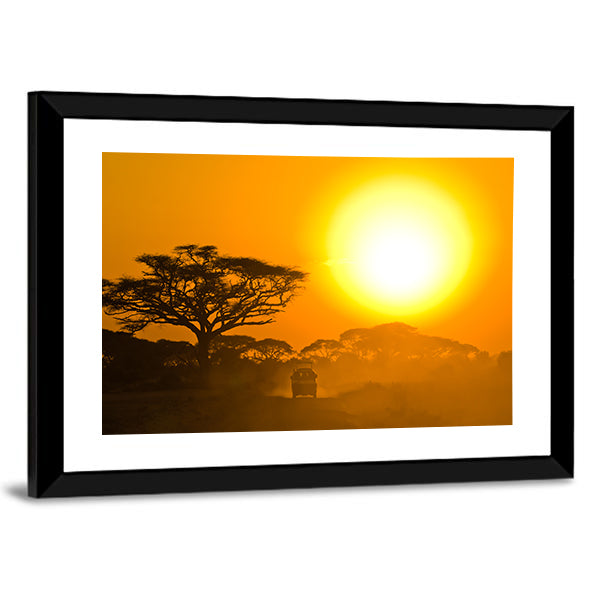 Safari Jeep Driving Through Savannah In The Sunset Africa Canvas Wall Art