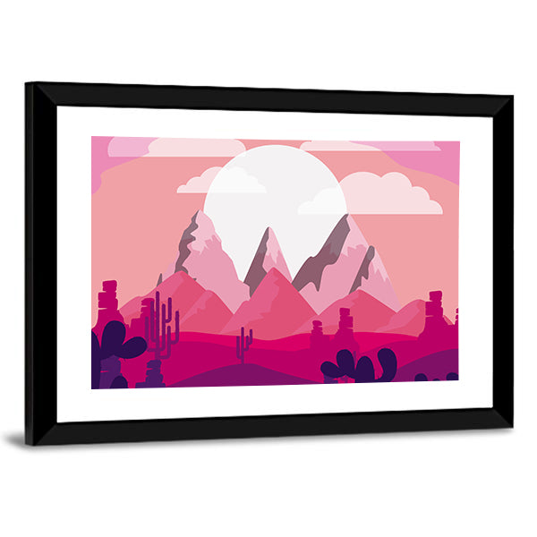 Desert Sunset Mountain Illustration Canvas Wall Art