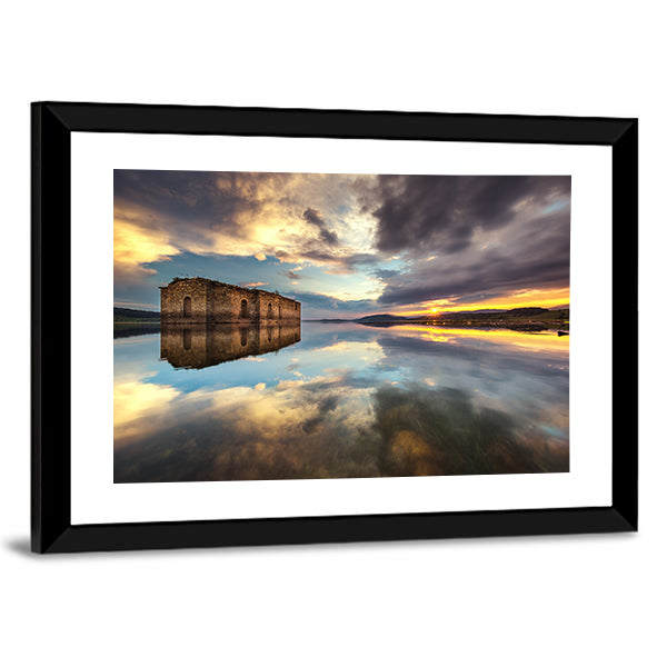 Abandoned Church In Dam Jrebchevo In Bulgaria Canvas Wall Art in brown, yellow and blue, framed print, product view on a white background