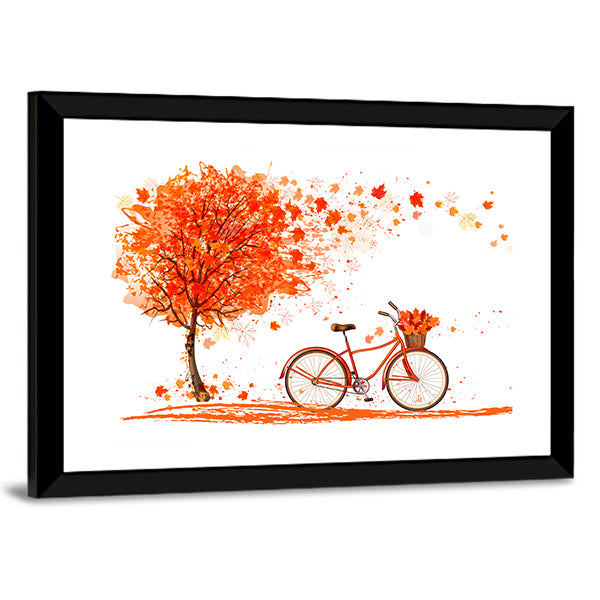Bicycle Under Autumn Tree Canvas Wall Art