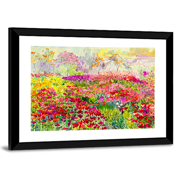 Watercolor Poppy Field in Spring Canvas Wall Art