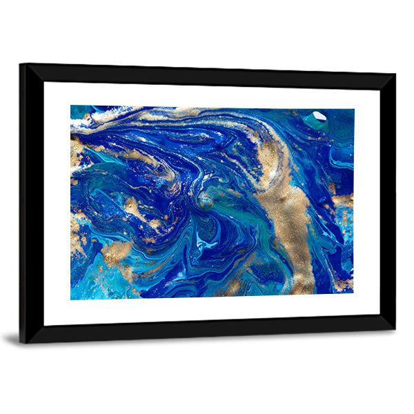 Liquid Marble Pattern Canvas Wall Art in gold and blue, framed print, product view on a white background