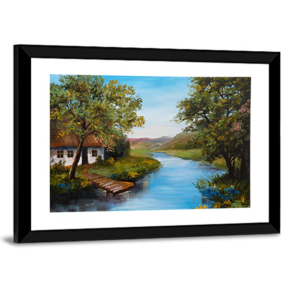 Farmhouse Near The River Canvas Wall Art