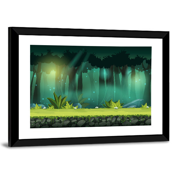 Magical Mist Forest with Fireflies Canvas Wall Art