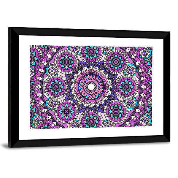 Purple Mandala Pattern Canvas Wall Art in blue, purple and pink, framed print, product view on a white background