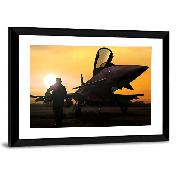 Military Pilot & Aircraft At Airfield Canvas Wall Art