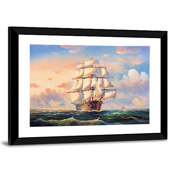 Sailing Boat In Storm Canvas Wall Art