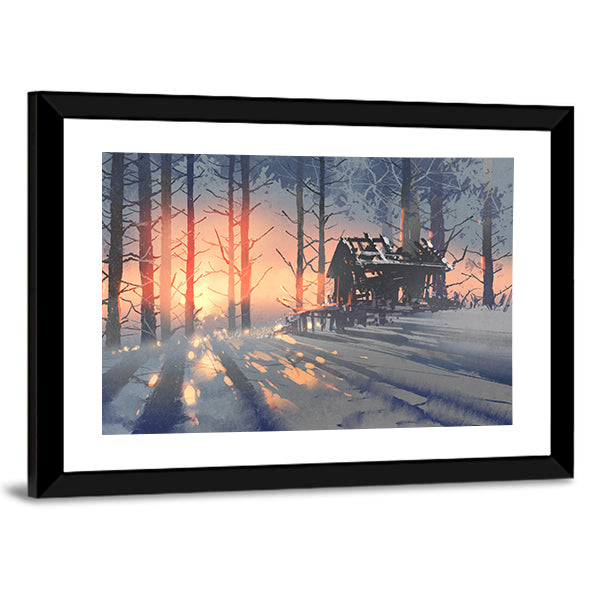 Abandoned House in Winter Forest Canvas Wall Art