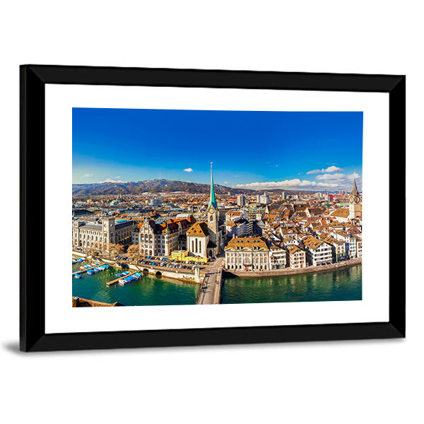Historic Zurich City Canvas Wall Art in brown, green and blue, framed print, product view on a white background