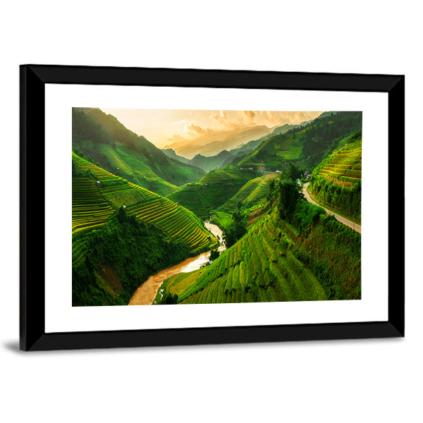 Terraced Rice Field In Mu Cang Chai In Vietnam Canvas Wall Art in gold, yellow and green, framed print, product view on a white background