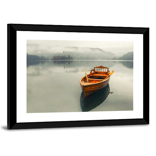 Rowboat on Foggy Lake with Island Church Canvas Wall Art