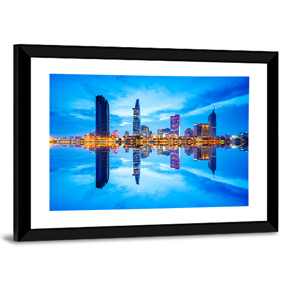 Ho Chi Minh City Canvas Wall Art in orange, yellow and blue, framed print, product view on a white background