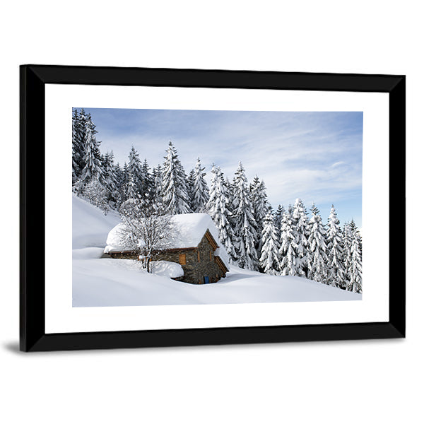 Alpine Hut Under Snow Canvas Wall Art