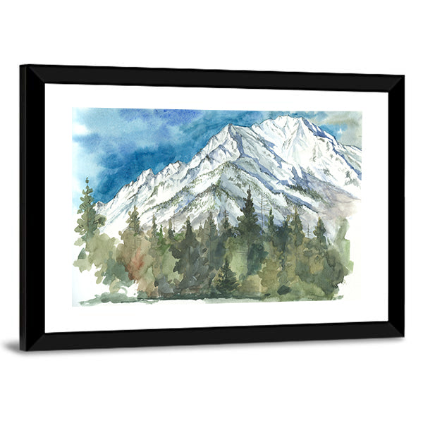Watercolor Snow-capped Mountain and Forest Canvas Wall Art