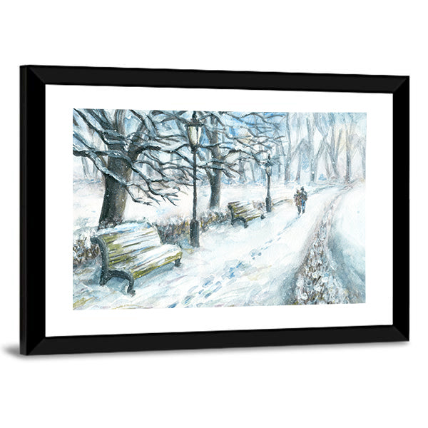 Winter Park With Walking Couple Canvas Wall Art