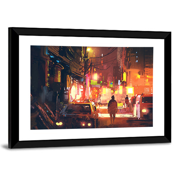 Rain-soaked Old Street in Futuristic City Canvas Wall Art
