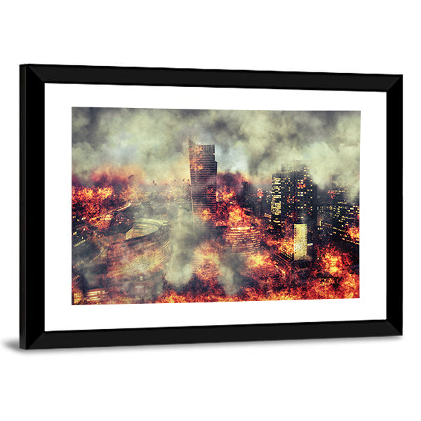 Burning City Abstract Canvas Wall Art in gray, red and orange, framed print, product view on a white background