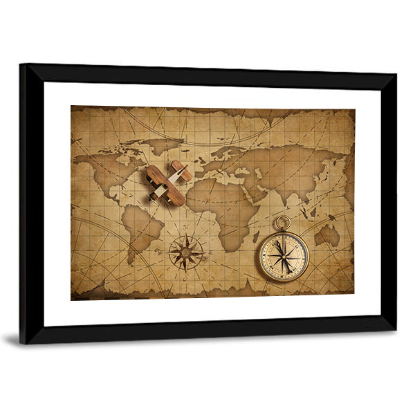 Small Wood Airplane Over World Nautical Map Canvas Wall Art