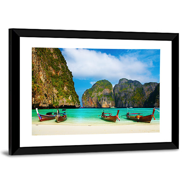 Tropical Beach And Traditional Long Tail Boats In Maya Bay Canvas Wall Art