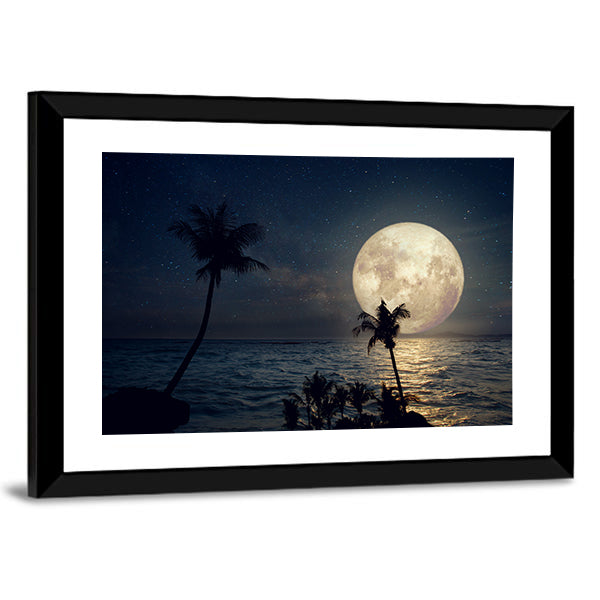 Tropical Beach Under Full Moon Canvas Wall Art