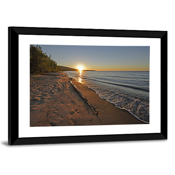 Lake Superior at Sunset Canvas Wall Art in brown, orange and blue, framed print, product view on a white background