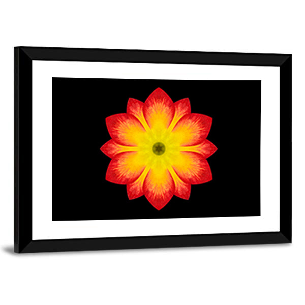 Red And Yellow Flower Mandala Canvas Wall Art in black, red and yellow, framed print, product view on a white background