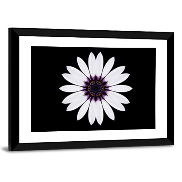 White Flower Mandala Canvas Wall Art0 in black and white, framed print, product view on a white background