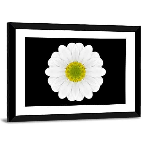 Close Up Of White Flower Mandala Canvas Wall Art in black and white, framed print, product view on a white background