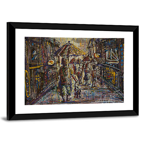 Rainy City Street with Umbrella Canvas Wall Art