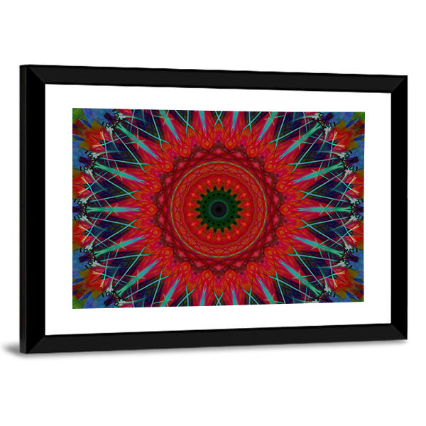 Lotus Blossom Mandala Canvas Wall Art in red, green and blue, framed print, product view on a white background