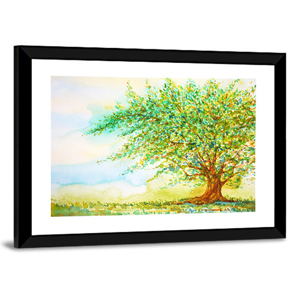 Big Tree In Grass Field Canvas Wall Art