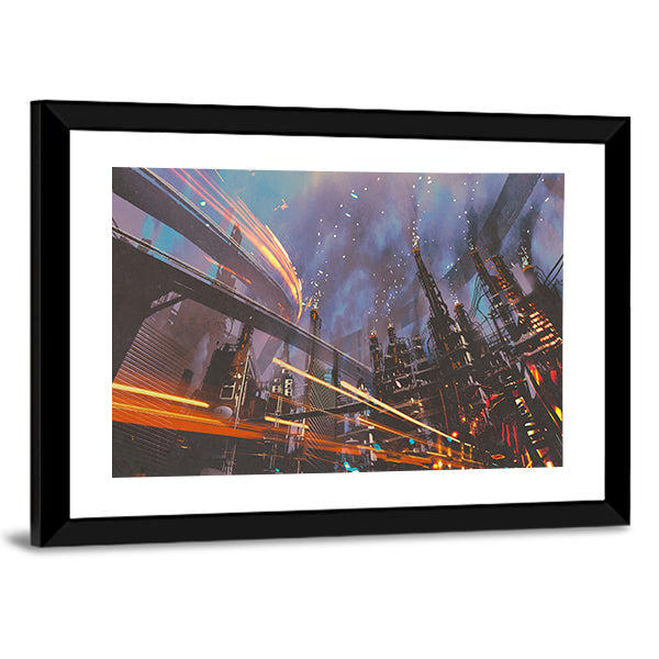 Futuristic Industrial Cityscape at Night Canvas Wall Art
