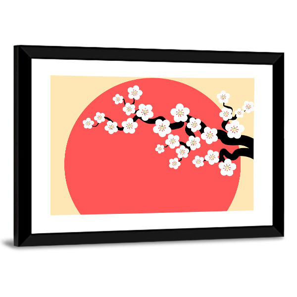 Minimalist Cherry Blossom with Red Sun Canvas Wall Art