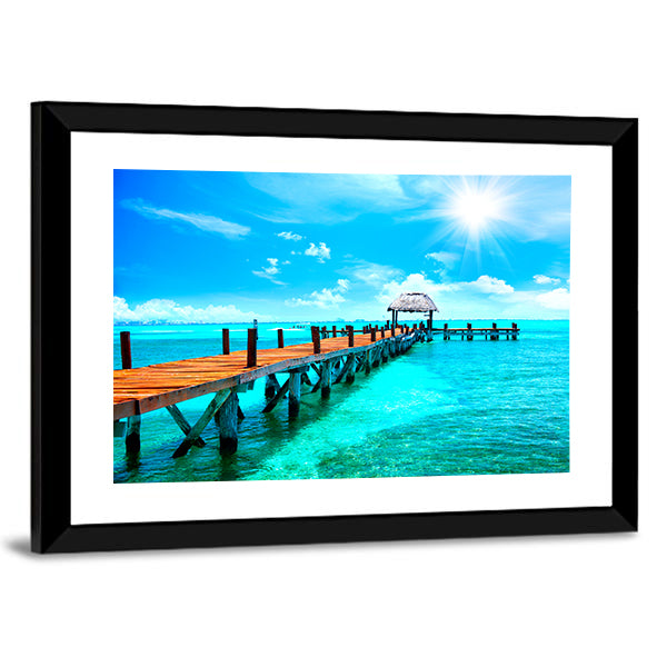 Sunlit Wooden Pier and Thatched Hut Canvas Wall Art