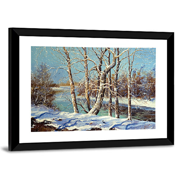 Winter River with Snowy Bank Canvas Wall Art