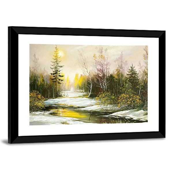 Winter Riverbank with Golden Light Canvas Wall Art