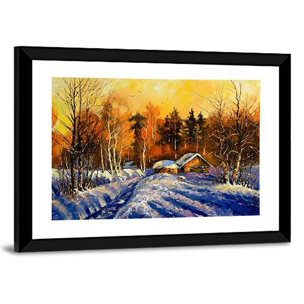 Evening In Winter Village Canvas Wall Art