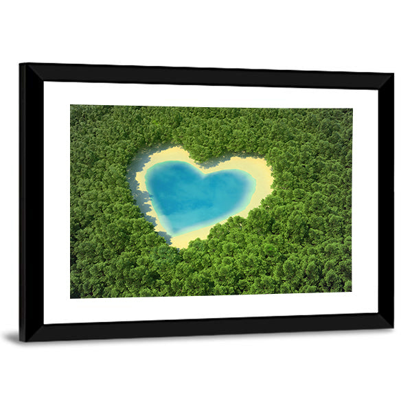 Heart Shaped Pond In A Tropical Forest Canvas Wall Art in green and blue, framed print, product view on a white background