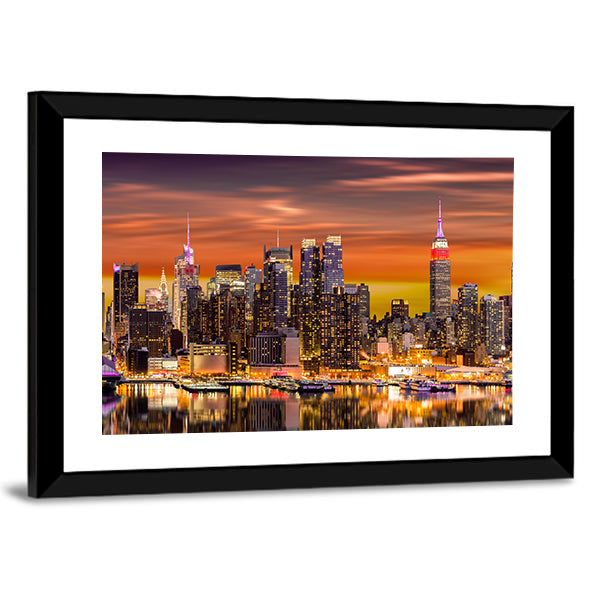 New York City At Sunrise Canvas Wall Art in black, orange and yellow, framed print, product view on a white background
