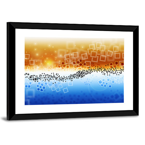 Data Transfer Abstract Landscape Canvas Wall Art in white, orange and blue, framed canvas, product view on a white background