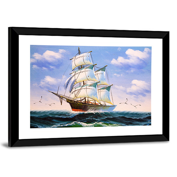 Three-masted Sailing Ship at Sea Canvas Wall Art