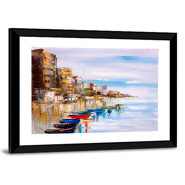 Abstract Harbor with Fishing Boats Canvas Wall Art