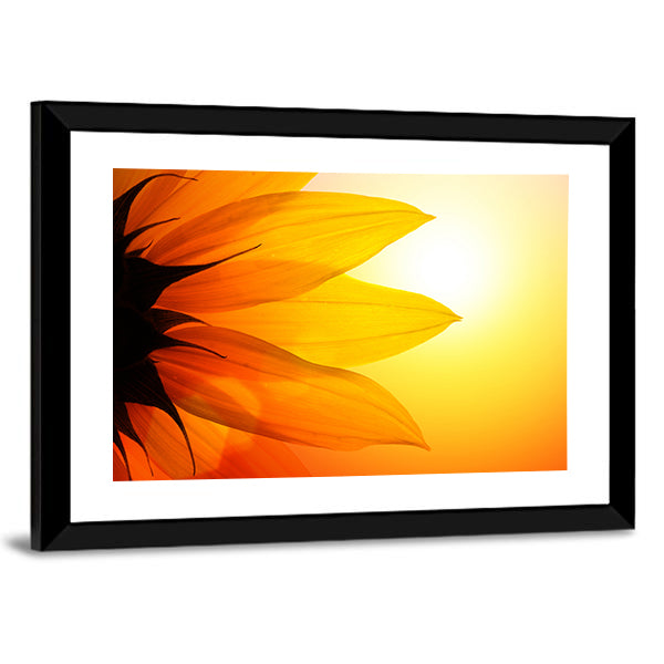 Yellow Sunflower Petals At Sunset Canvas Wall Art in orange and yellow, framed print, product view on a white background