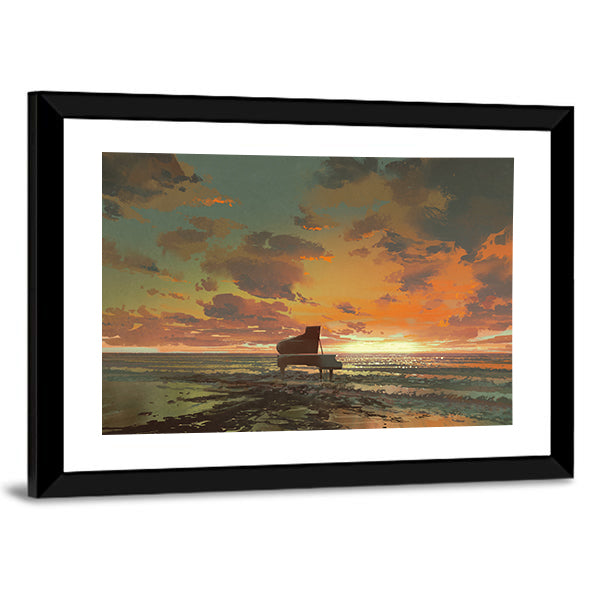 Surreal Piano On Beach Sunset Canvas Wall Art