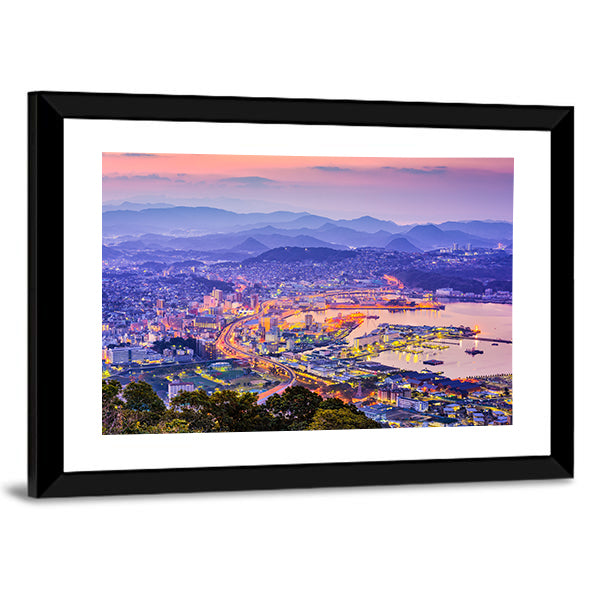 Sasebo Downtown Skyline In Nagasaki Japan Canvas Wall Art in orange, blue and purple, framed print, product view on a white background