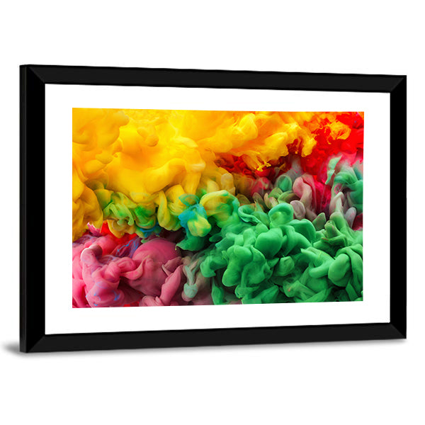 Colorful Acrylic Ink Canvas Wall Art in yellow, green and multicolor, framed print, product view on a white background