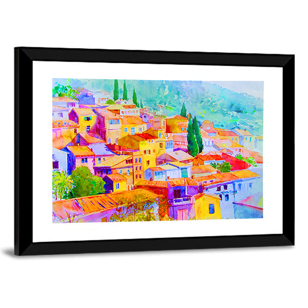 Village View On Hill Mountain Canvas Wall Art