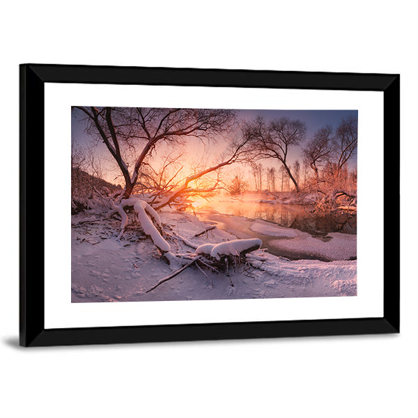 Frozen River at Sunset Canvas Wall Art in white, orange and purple, framed print, product view on a white background