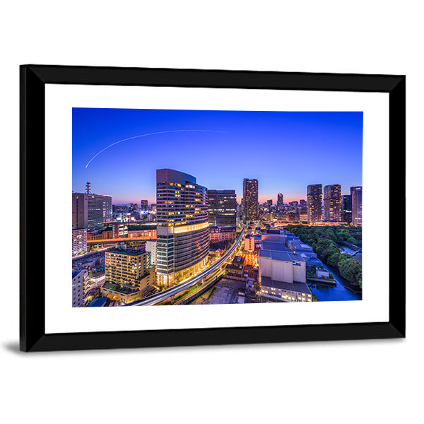 Tokyo Cityscape In Japan Canvas Wall Art in black, yellow and blue, framed print, product view on a white background