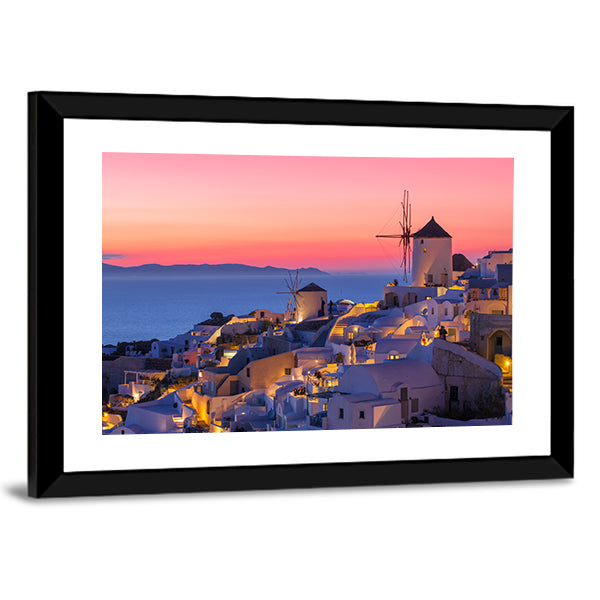 Sunset in Santorini Canvas Wall Art in orange, blue and pink, framed print, product view on a white background